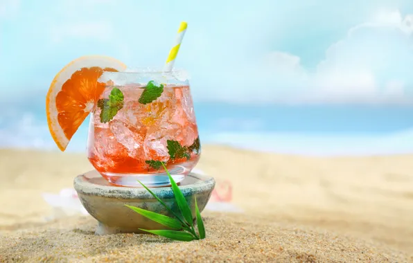 Ice, sand, beach, summer, stay, cocktail, mint, grapefruit