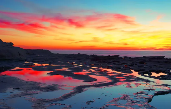 Sea, the sky, clouds, sunset, stones, rocks, glow