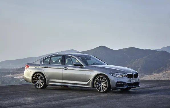 Picture the sky, asphalt, mountains, grey, BMW, sedan, 540i, 5