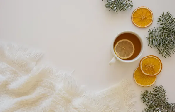 Tea, minimalism, oranges, Cup, needles, shawl