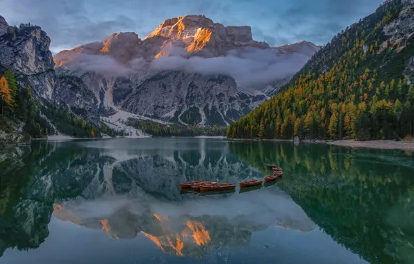 Picture clouds, landscape, mountains, nature, lake, dawn, boats, morning