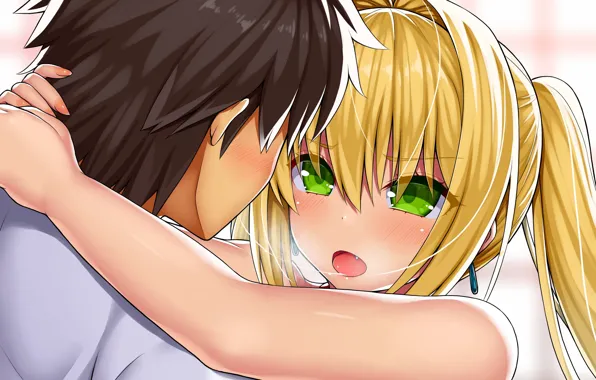 Girl, anime, art, hugs, guy, hugs, fate grand order