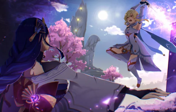 Girls, battle, Genshin Impact, Light, Raiden Shogun