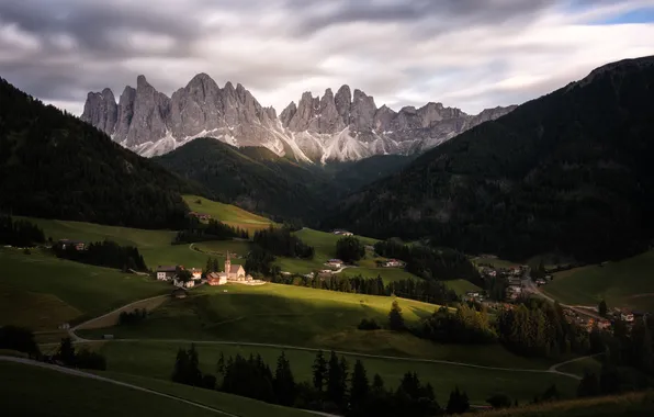 The sky, valley, Church, village, mountain landscape, Santa Maddalena, Georgy Bychkovsky