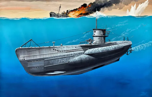 Picture German, art, painting, submarine, VIIC, WWII, Type, U-Boot