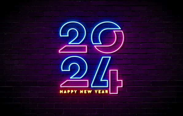 Picture Happy New Year, Neon, New Year, Brick wall, 2024, Celebrations