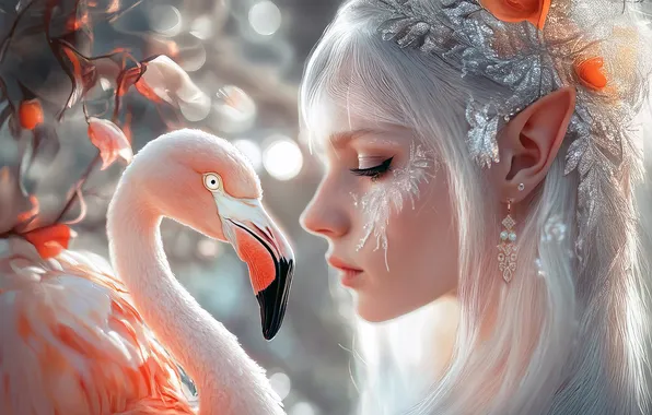 Girl, bird, fantasy, Flamingo, AI art, neural network