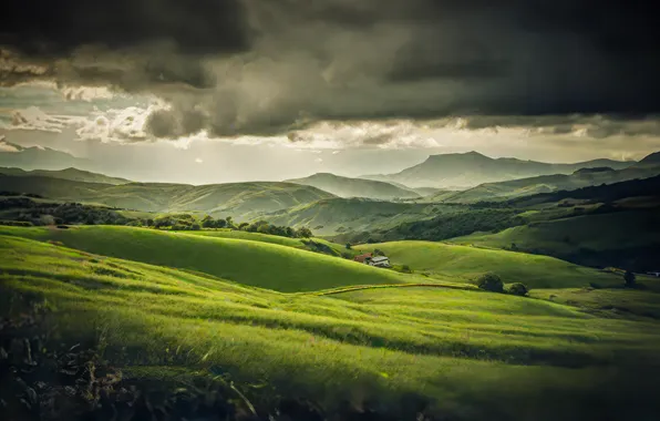 Greens, the sky, grass, landscape, mountains, clouds, nature, hills
