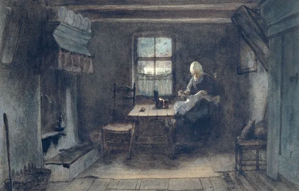 Picture figure, watercolor, Joseph Israels, Peasant Interior