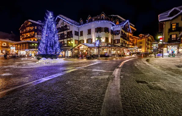 Road, night, the city, building, tree, home, pavers, Alps