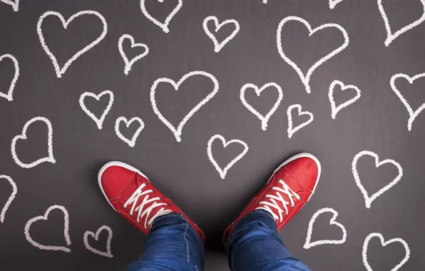 Red, Hearts, Feet, Sneakers