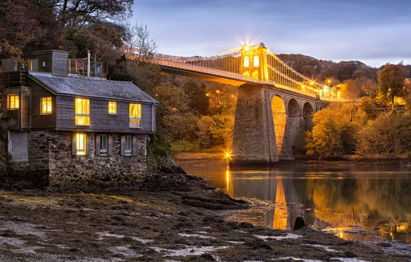 Trees, bridge, Strait, house, England, England, Wales, Wales