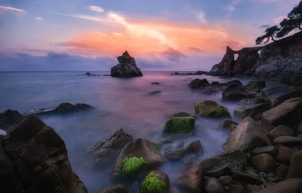 Picture sea, sunset, stones, rocks, shore, ruins