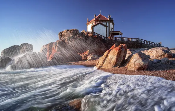 Sea, wave, the sky, light, stones, rocks, the moon, shore