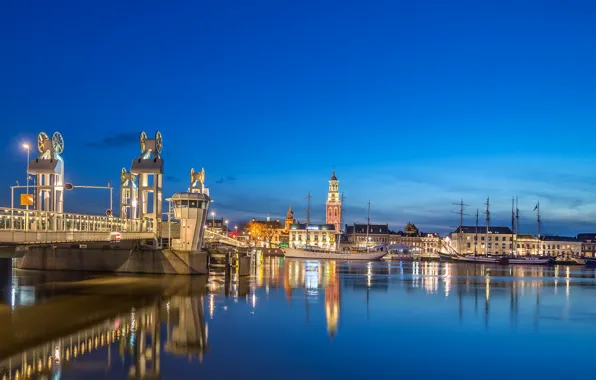 Picture bridge, lights, ships, pier, Netherlands, Holland, Overaasen, Kampen