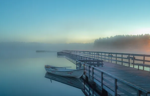 The sky, trees, fog, lake, sunrise, boat, pierce