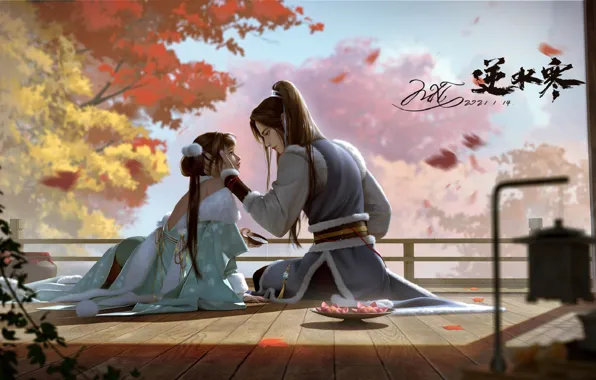 Picture romance, date, long hair, veranda, autumn Park, the guy with the girl, Chinese clothing