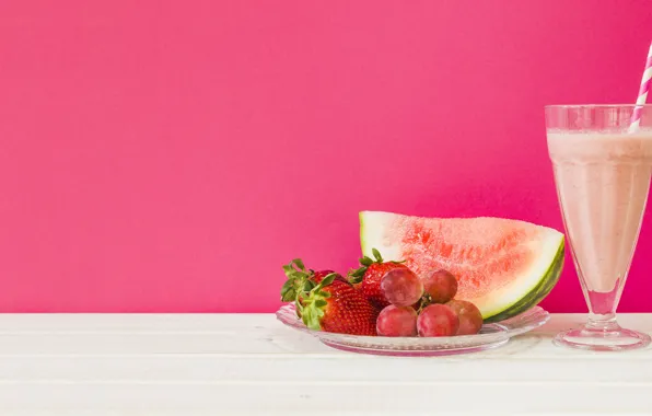 Picture watermelon, grapes, cocktail, pink background, Klubnika, smoothies