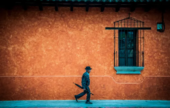 Picture roof, wall, hat, umbrella, window, the old man, the sidewalk, walking