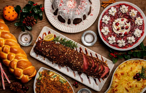 Table, food, bread, cake, meat, bumps, dessert, cakes