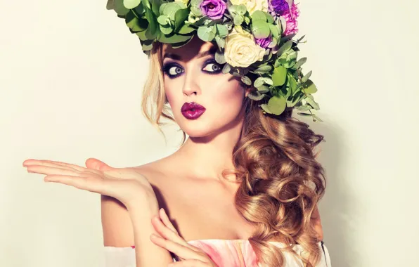 Look, girl, flowers, makeup, lips, wreath, Sofia Zhuravets', Alexandra Zabelina