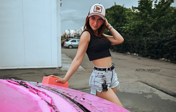 Model, Kia, women, redhead, vehicle, sunglasses, pierced navel, jean shorts