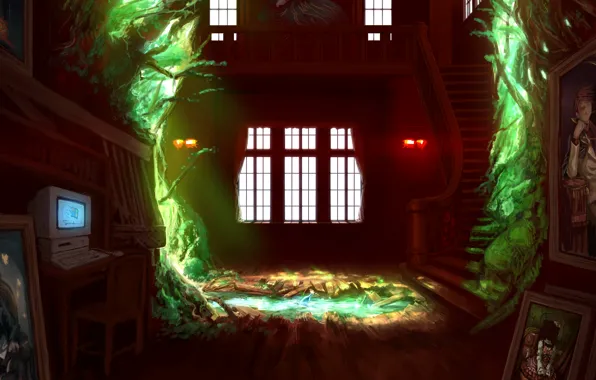 Computer, water, light, house, girls, bottle, anime, art