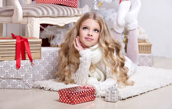 Look, girl, gift, Christmas, blonde, New year, beautiful, Christmas