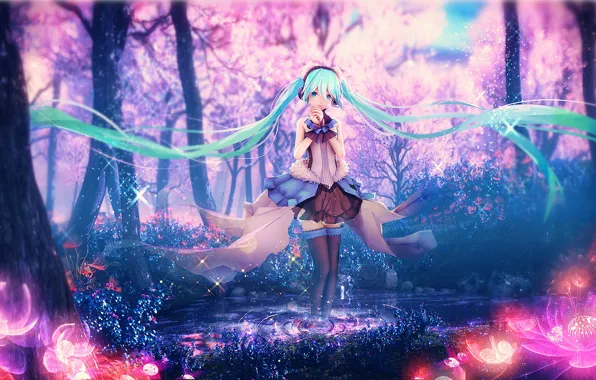 Water, girl, trees, flowers, spring, art, Vocaloid Hatsune Miku, by yyb
