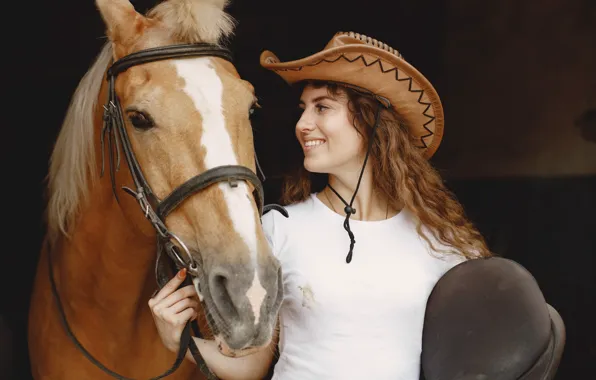 Look, girl, smile, the dark background, horse, woman, horse, hand