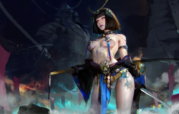 Erotic, chest, girl, pose, weapons, samurai