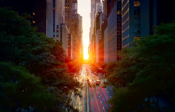 Picture road, the sun, light, sunset, machine, the city, spring, excerpt