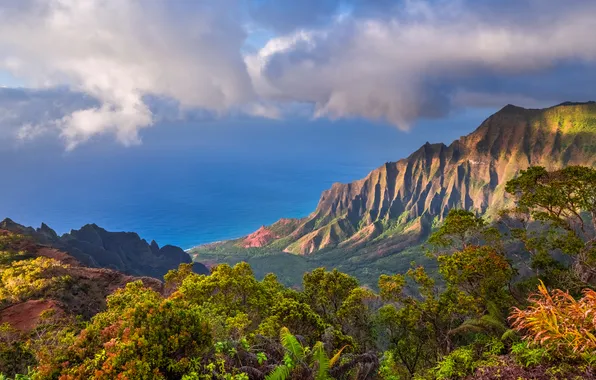 Picture sea, clouds, mountains