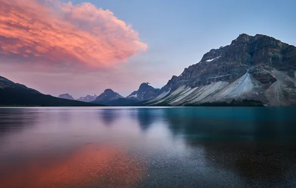 The sky, clouds, mountains, lake, reflection, rocks, blue, shore