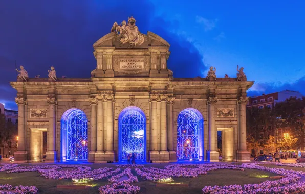 The sky, flowers, lights, style, the evening, monument, architecture, Spain