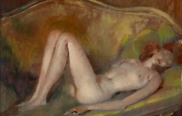 Chest, sofa, woman, red, Modern, Jean-Gabriel Domergue, Nude on the sofa