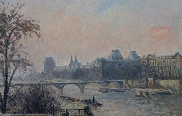 Bridge, river, Paris, picture, the urban landscape, Camille Pissarro, The Seine and the Louvre