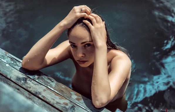 Look, the sun, model, naked, wet, makeup, pier, brunette