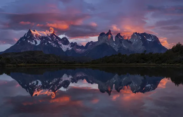 The sky, clouds, snow, sunset, mountains, lake, reflection, shore