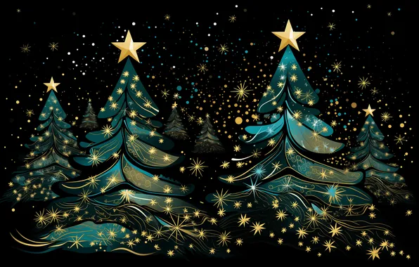 Winter, stars, snowflakes, night, Christmas, New year, black background, snowfall