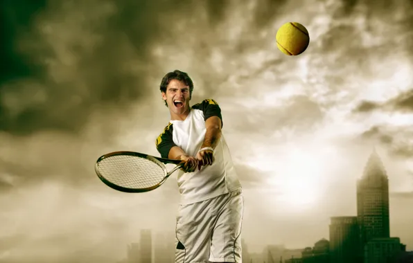 Clouds, the city, the ball, racket, male, tennis