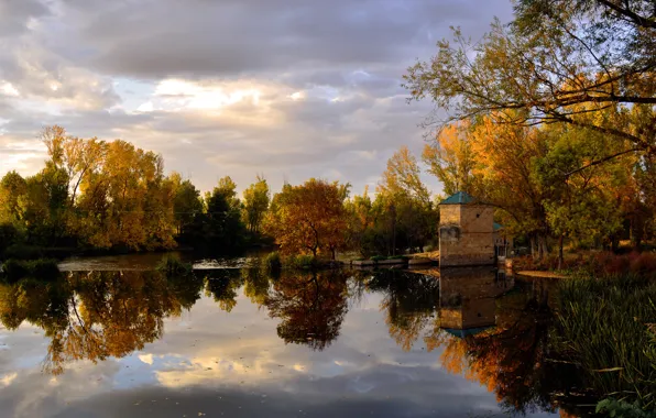 Autumn, trees, nature, lake, house, Spain, Villamayor
