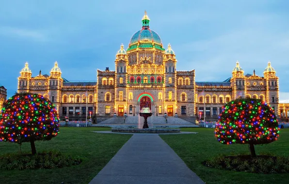 The building, Victoria, New Year, Canada, Christmas, Parliament, Christmas lights