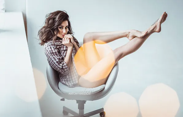 Panties, Girl, chair, Linen, shirt, legs, sitting, Anton Kharisov