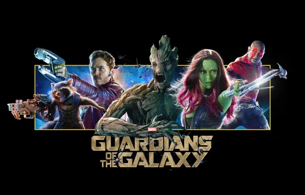 Picture Vin Diesel, Bradley Cooper, Rocket, destroyer, Zoe Saldana, raccoon, Guardians Of The Galaxy, Peter Quill