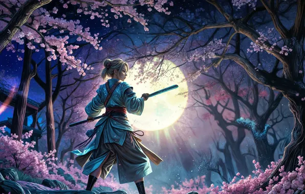 Forest, girl, the moon, samurai, Asian