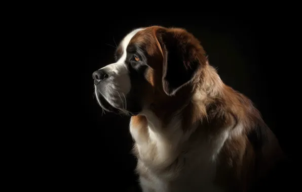 Face, portrait, dog, art, St. Bernard, black background, digital art, digital art