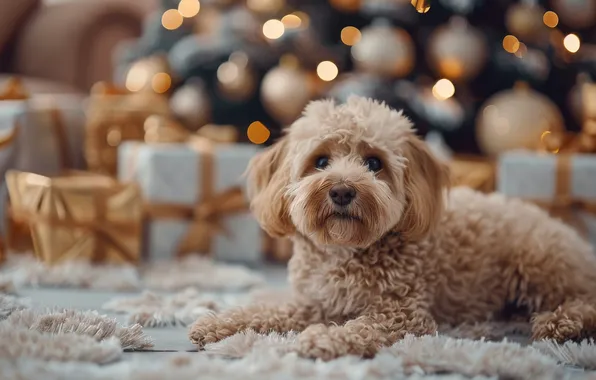 Look, lights, dog, Christmas, gifts, New year, lies, fur