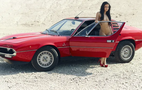 Auto, chest, girl, red, style, naked, brunette, Alfa Romeo