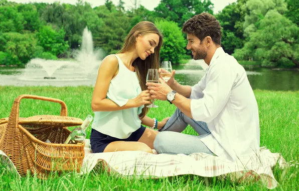 Picture girl, nature, river, wine, basket, glasses, guy, lovers